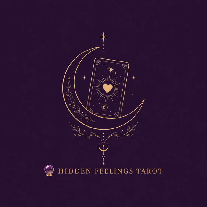 Hidden Feelings Tarot logo — a gold crescent moon cradling a tarot card with a heart